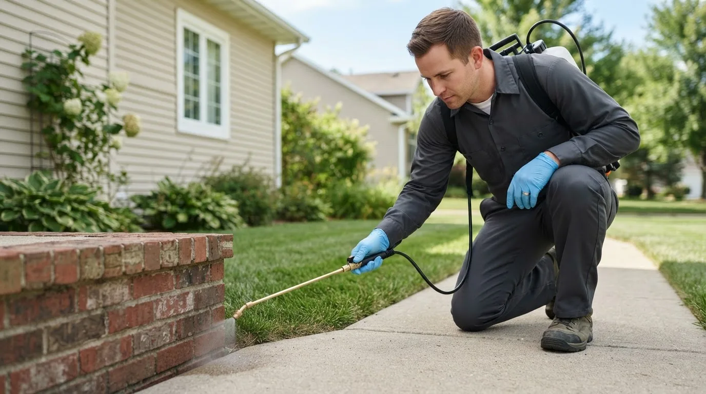Pest control technician treating a home near Pitsburg, OH