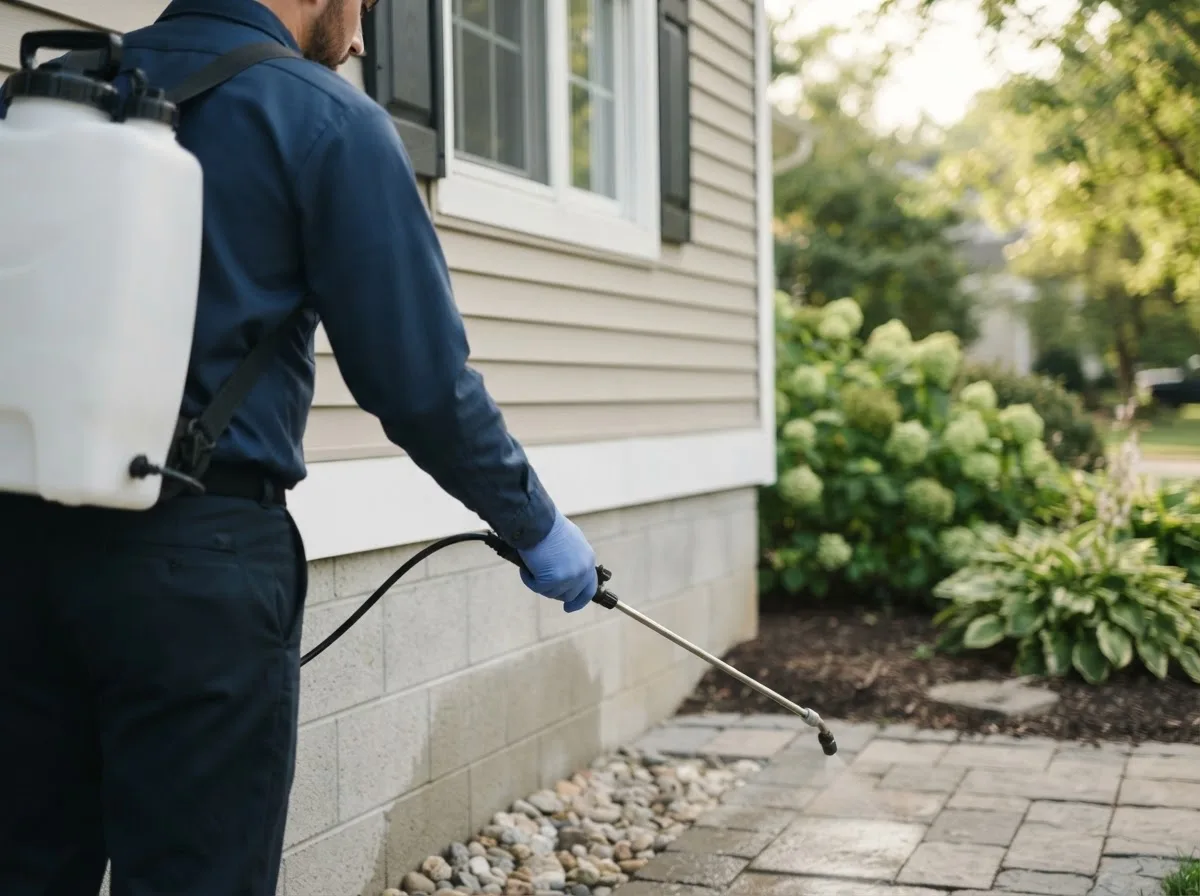 Pest control technician inspecting a home in Pitsburg, OH